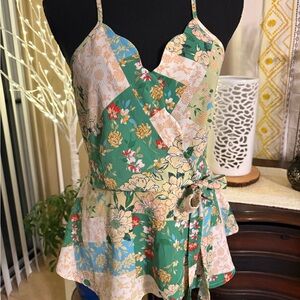 Pink and Green Asymmetrical Peplum Camisole